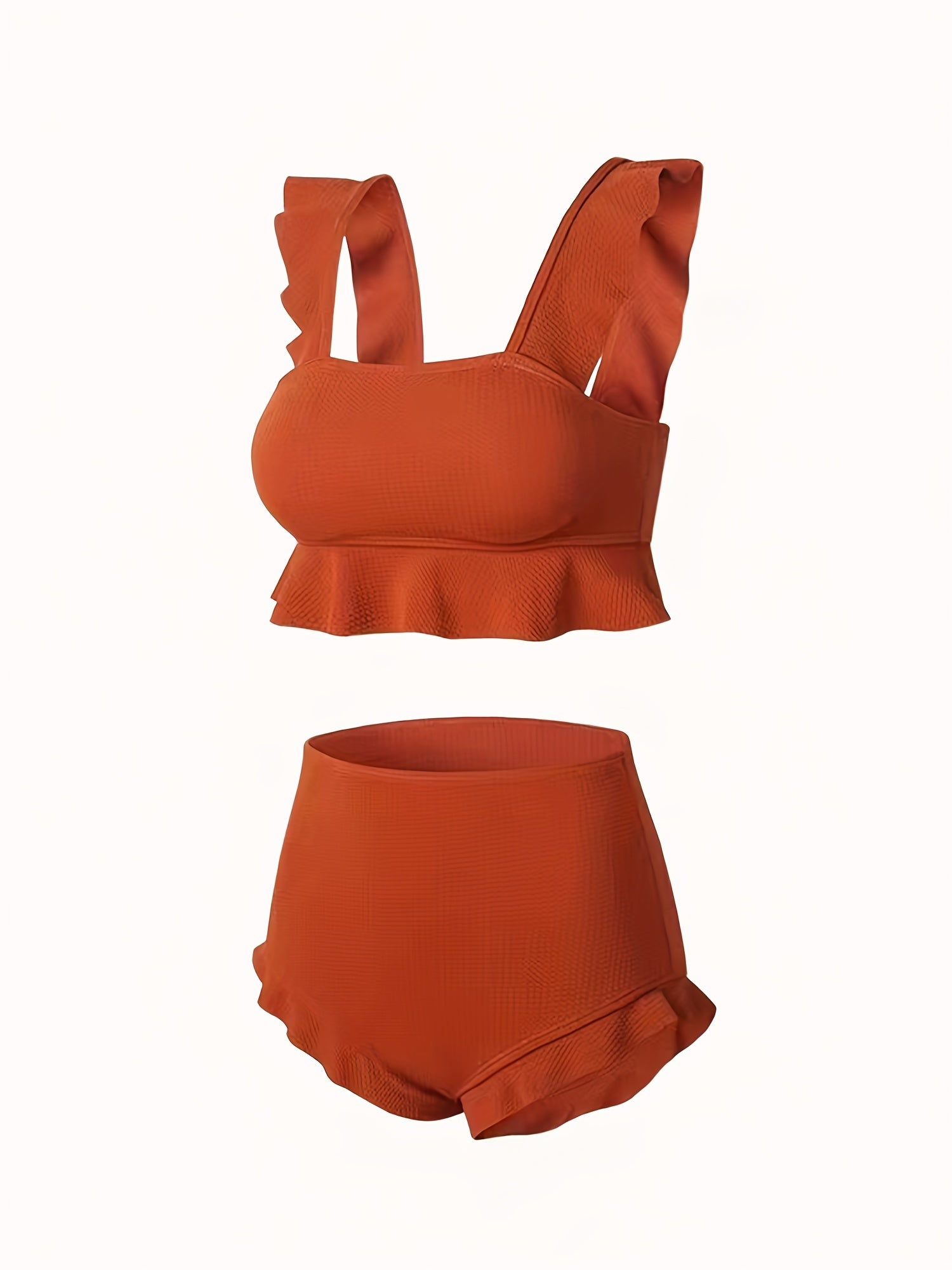 Bikini Donna 2 Pezzi Nero Vita Alta - Bordi Ruffle Elastico Tinta Unita