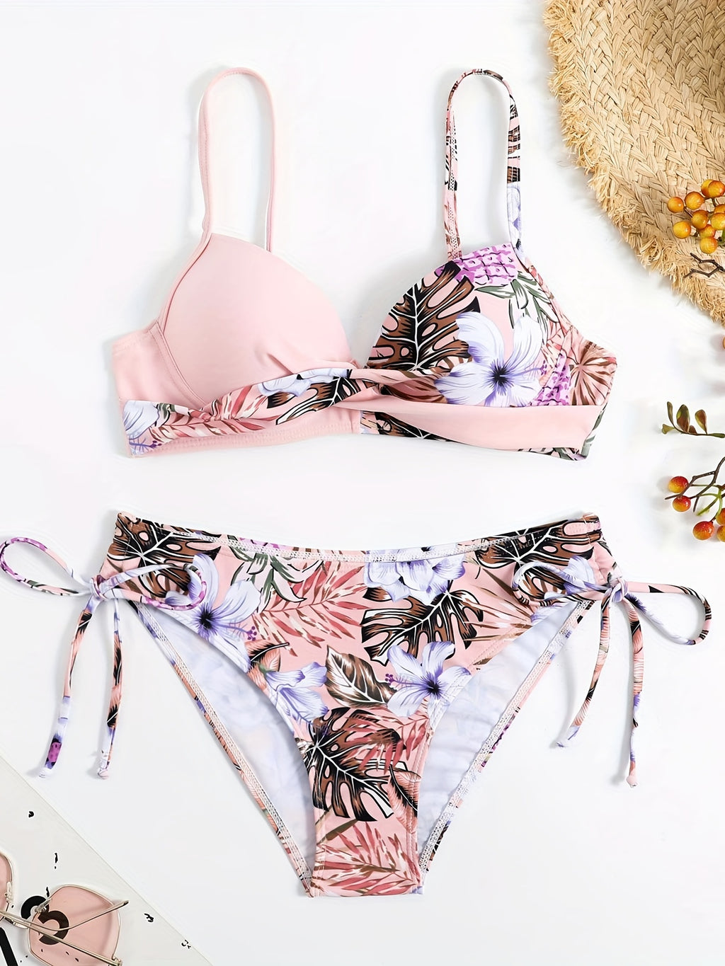 Bikini Donna 2 Pezzi Tropicale High Cut - Collo V Spalline Arricciate Laccetti