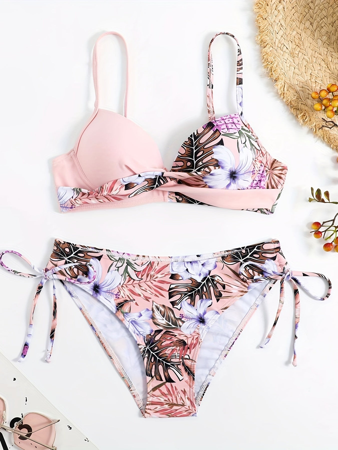 Bikini Donna 2 Pezzi Tropicale High Cut - Collo V Spalline Arricciate Laccetti