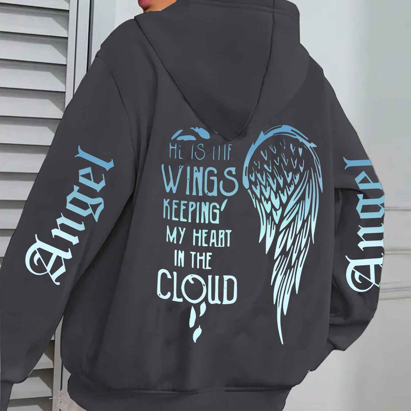 Women's Angel Wing Zipper Hoodie Jacket with Back Print "His Wings Keep Me in the Cloud" - Blue & White Gradient Wings & Lettering, Long Sleeve Front Zip Closure, Machine Washable Winter Coat, Comfortable Casual Outerwear for