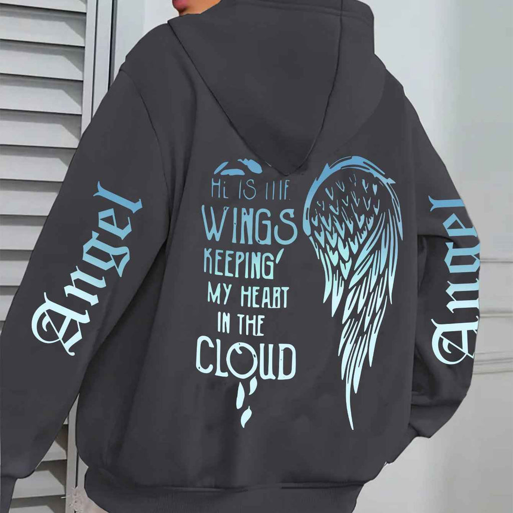 Women's Angel Wing Zipper Hoodie Jacket with Back Print "His Wings Keep Me in the Cloud" - Blue & White Gradient Wings & Lettering, Long Sleeve Front Zip Closure, Machine Washable Winter Coat, Comfortable Casual Outerwear for