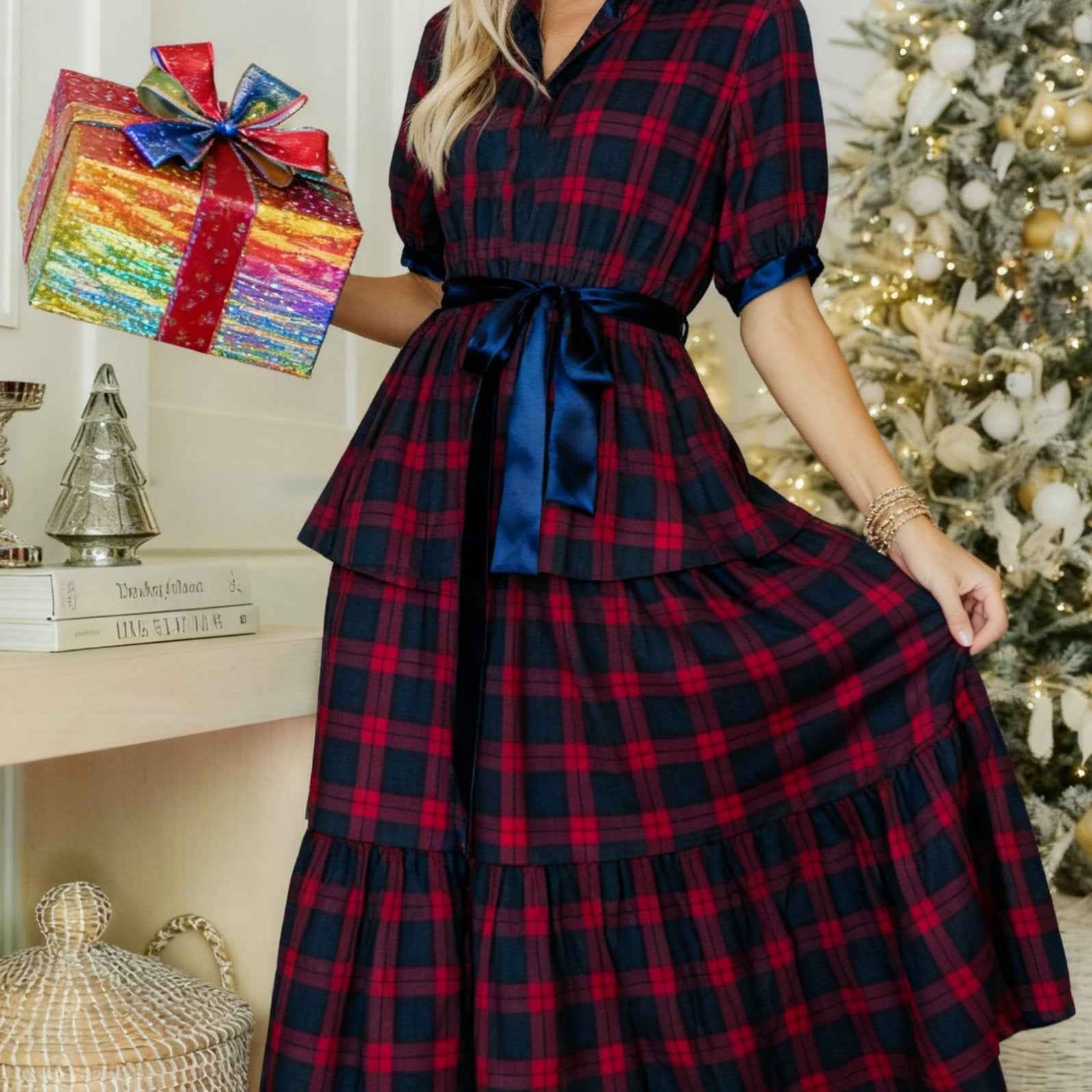 Women Red And Blue Plaid Tiered Midi Dress with Velvet Belt, V-neck, Velvet Fabric Paneling At Neckline And Cuffs, Ruffled Velvet Neckline, Short Puff Sleeves, Tied Waist, Tiered Bodice, Perfect for Christmas Festival And Any
