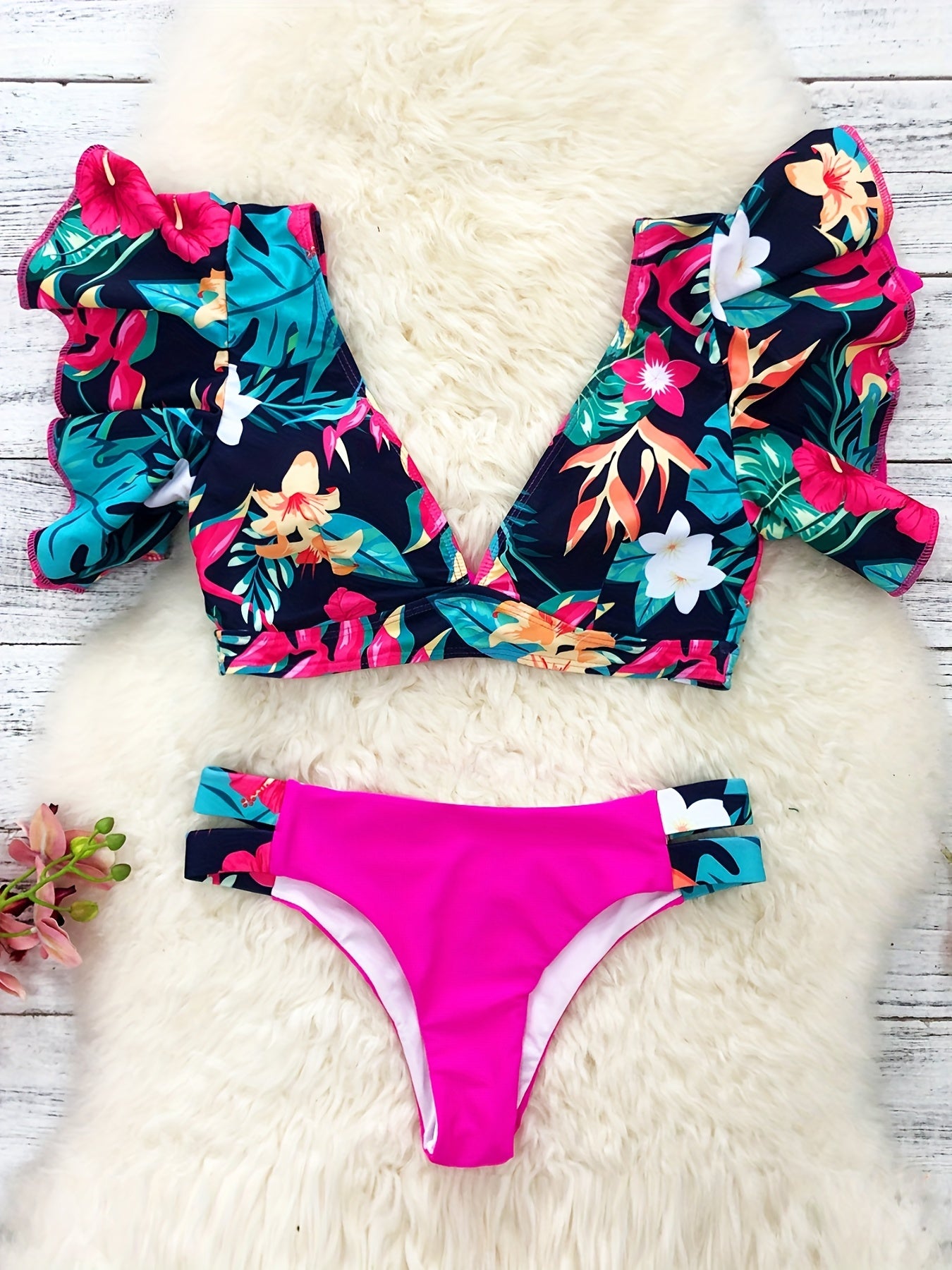 Bikini Donna 2 Pezzi Stampa Floreale Ruffle - Collo V Laccetti Alta Elasticità