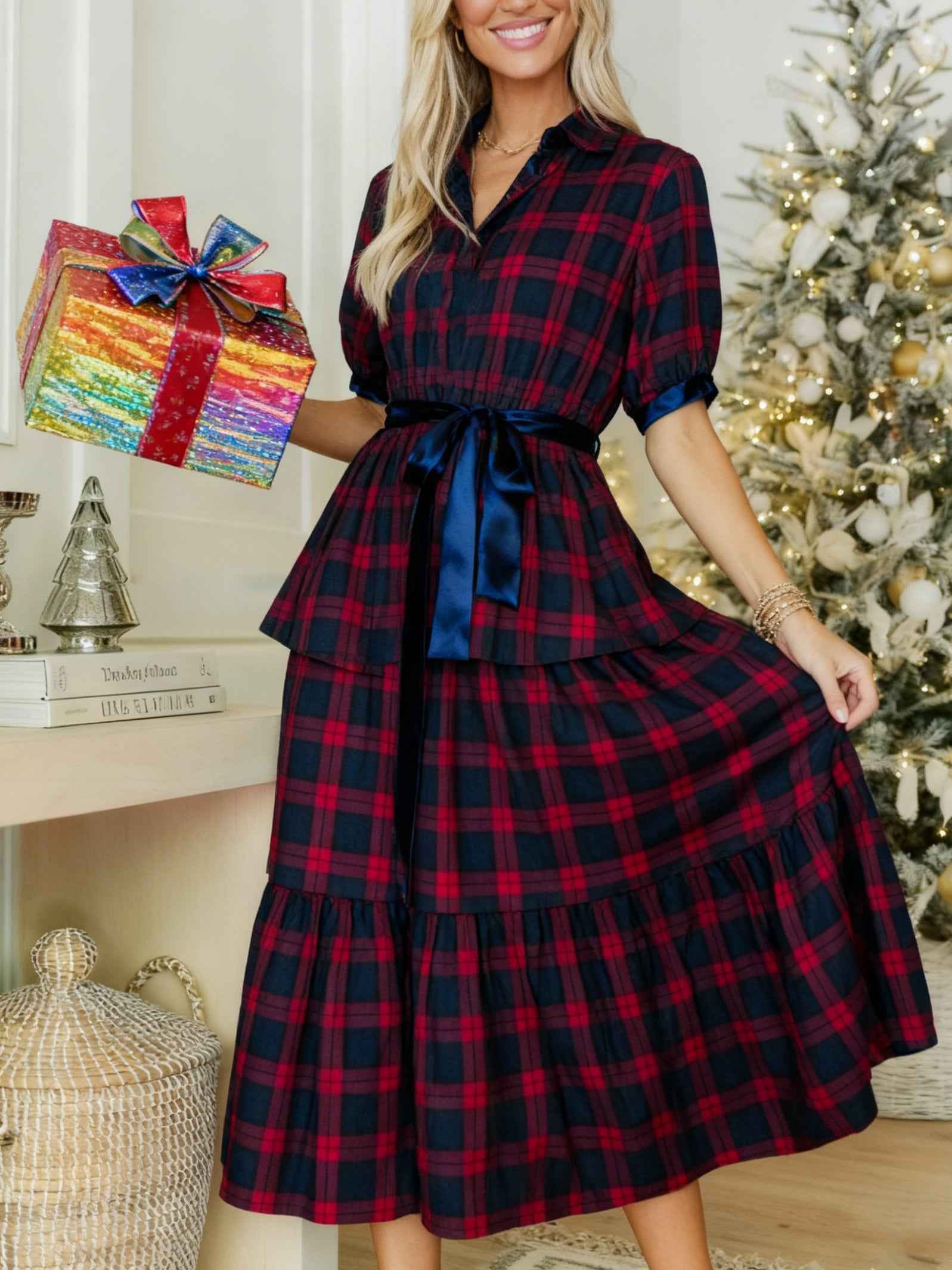 Women Red And Blue Plaid Tiered Midi Dress with Velvet Belt, V-neck, Velvet Fabric Paneling At Neckline And Cuffs, Ruffled Velvet Neckline, Short Puff Sleeves, Tied Waist, Tiered Bodice, Perfect for Christmas Festival And Any