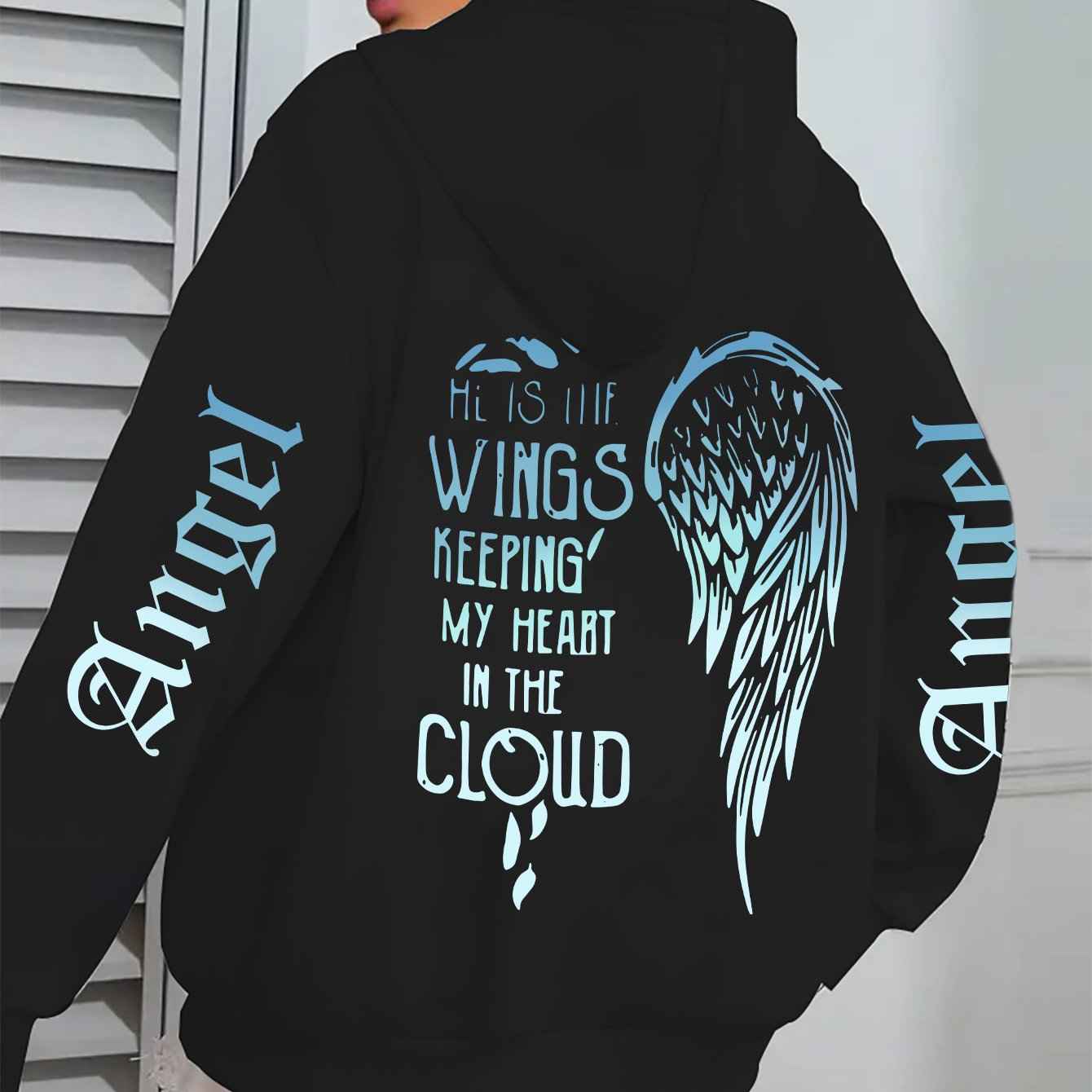 Women's Angel Wing Zipper Hoodie Jacket with Back Print "His Wings Keep Me in the Cloud" - Blue & White Gradient Wings & Lettering, Long Sleeve Front Zip Closure, Machine Washable Winter Coat, Comfortable Casual Outerwear for