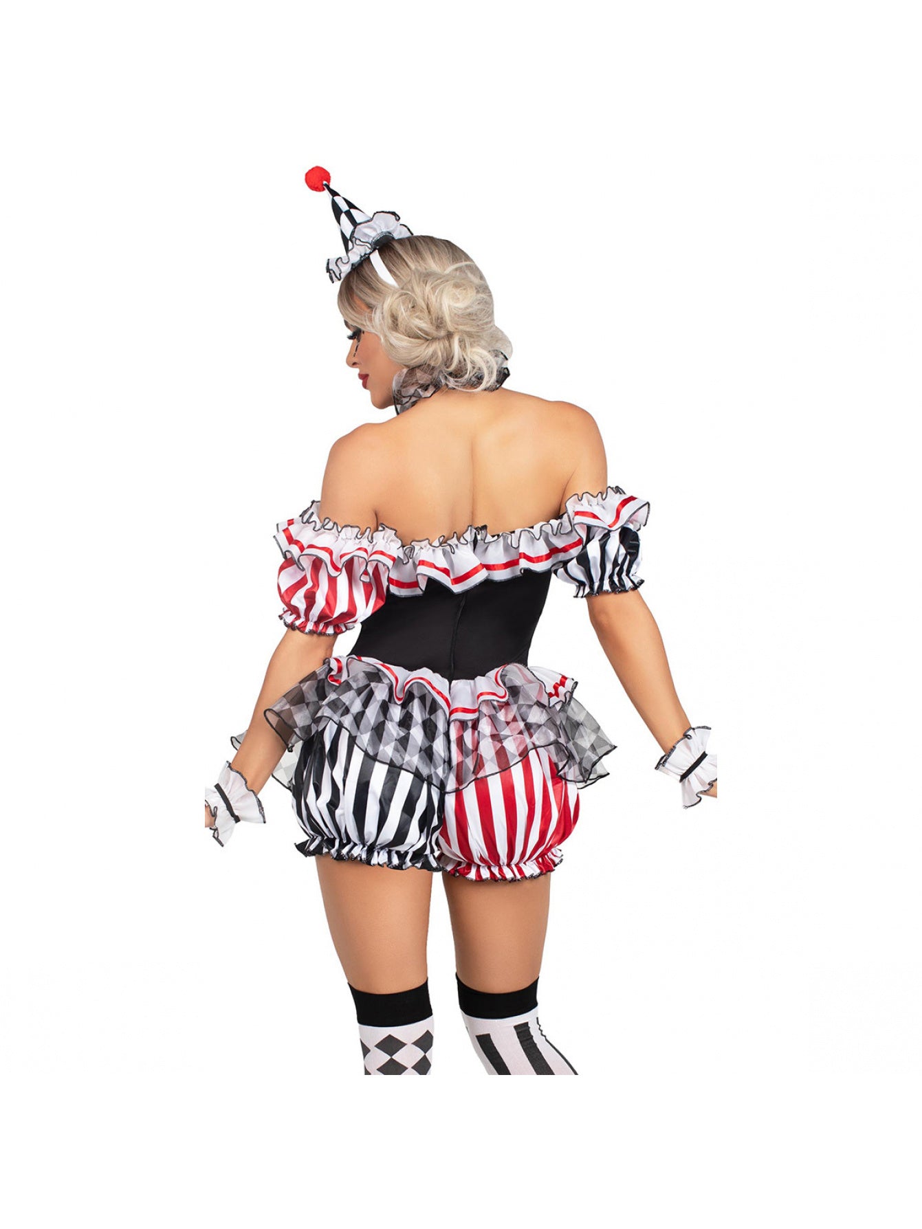 Carnival Plaid Jester Costume- Off-Shoulder Ruffle Skirt with Contrast Polka Dots and Diamond Pattern, Includes Headpiece and Leg Warmers, Party Season Stage Performance Outfit, Circus Style Set