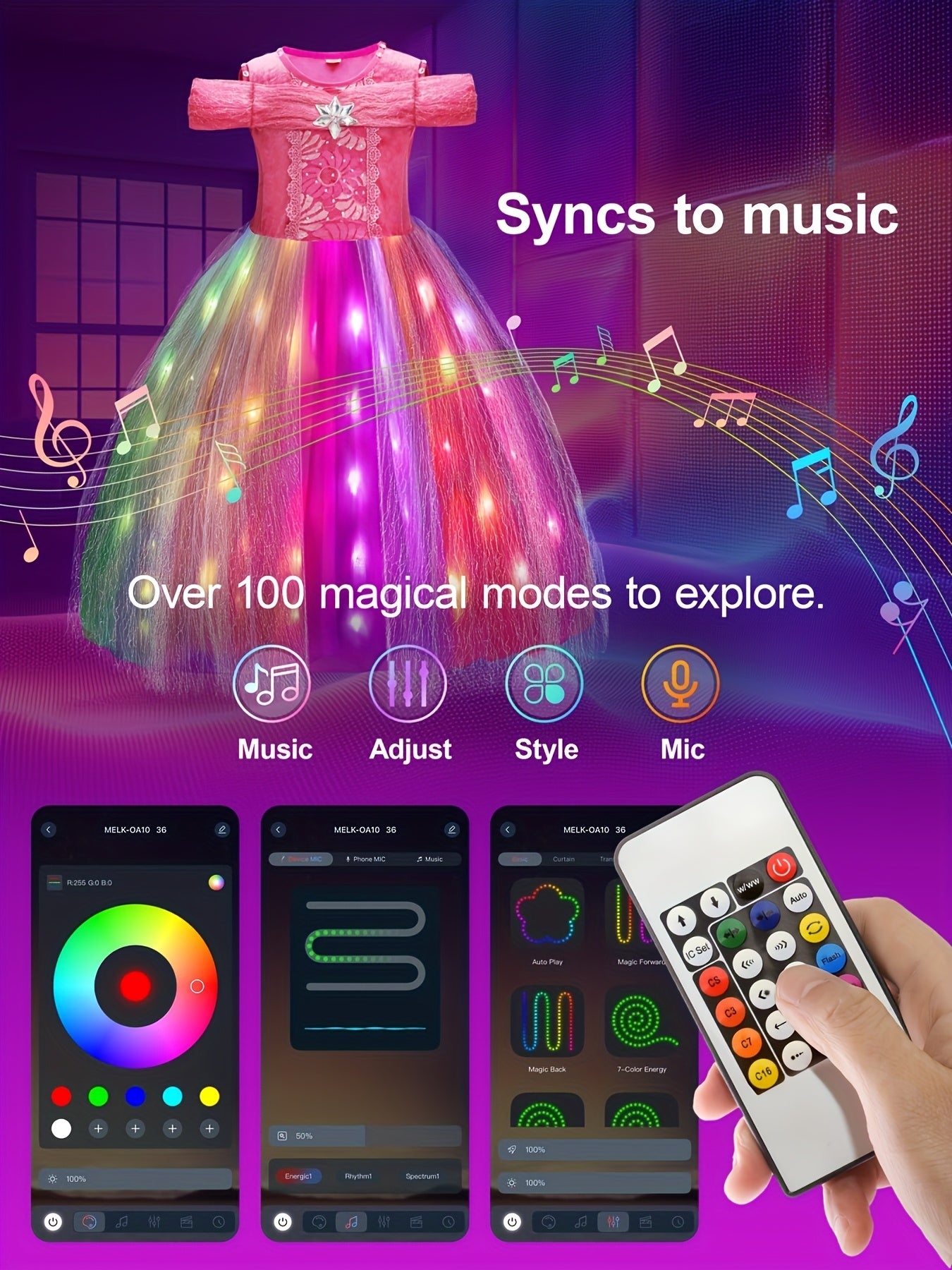 Vestito Principessa LED Bambina con Controllo Wireless – Costume Luminoso RGB per Feste