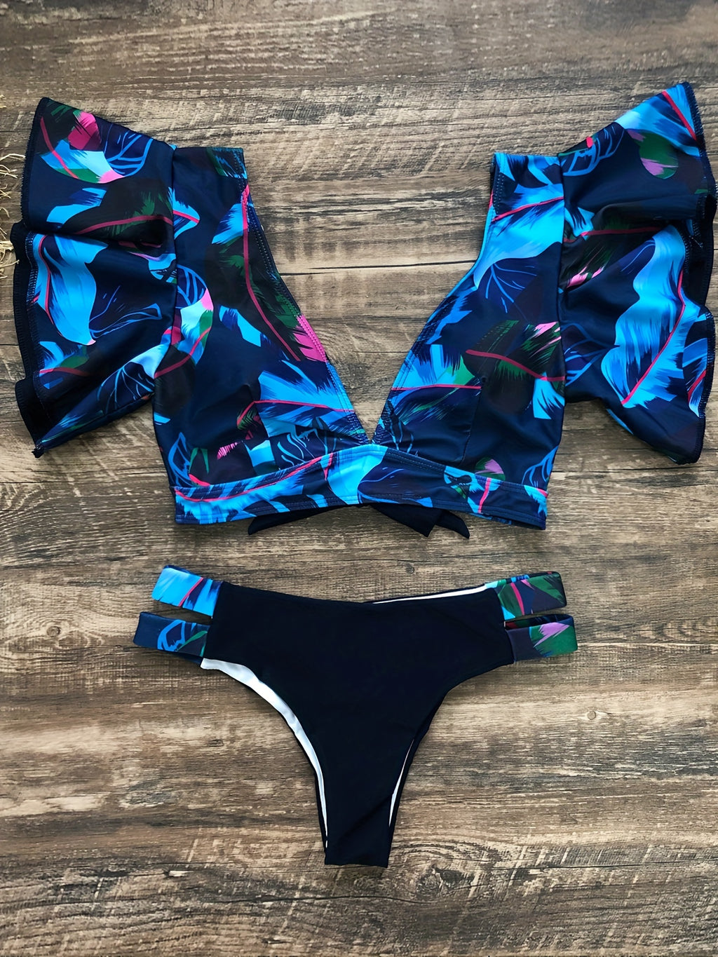 Bikini Donna 2 Pezzi Stampa Floreale Ruffle - Collo V Laccetti Alta Elasticità