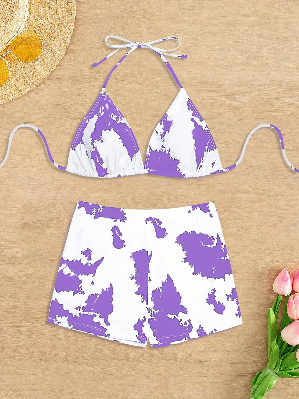 Bikini Donna 2 Pezzi Tie Dye - Halter Vita Alta Regolabile Stile Boxer