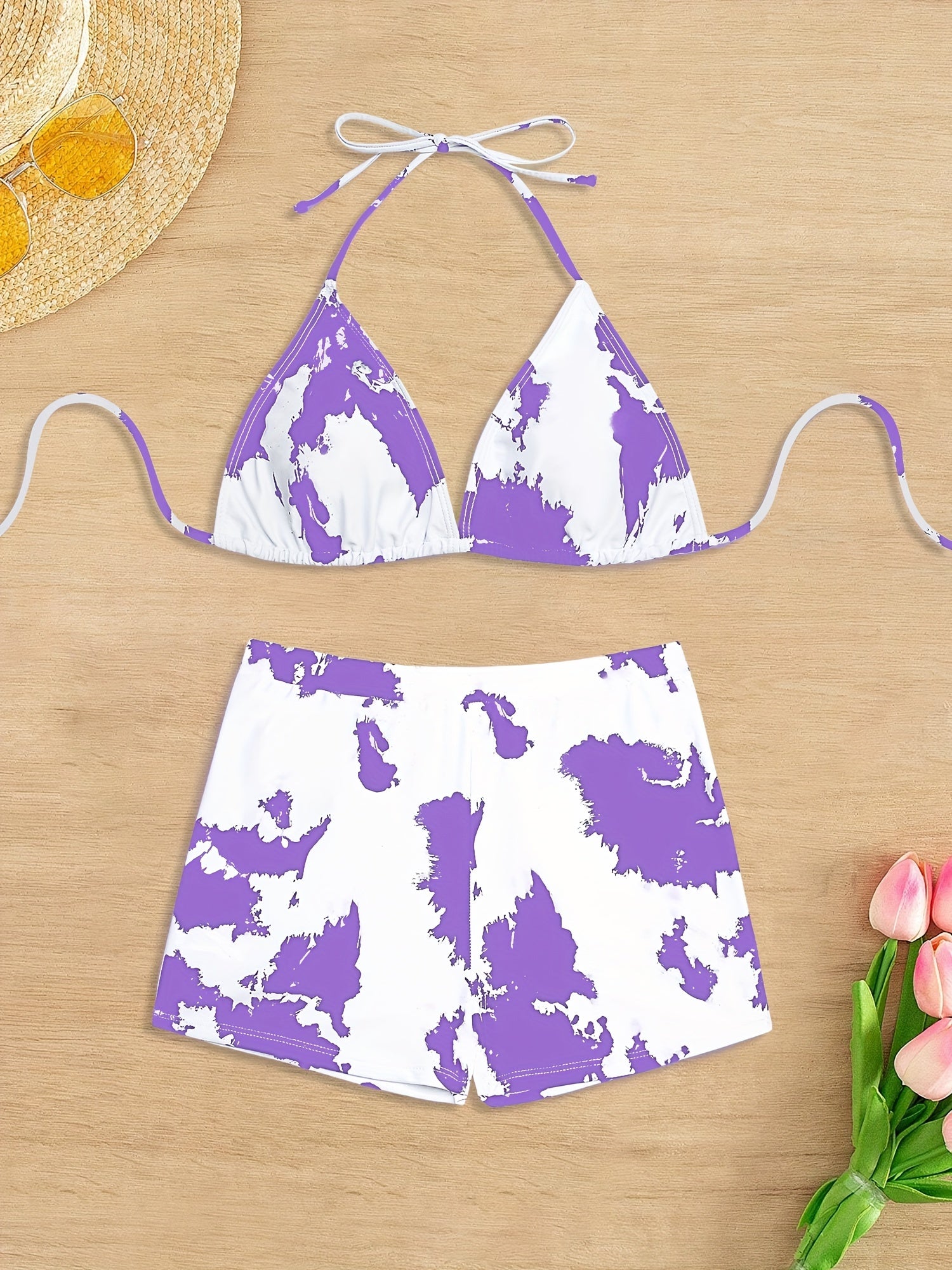 Bikini Donna 2 Pezzi Tie Dye - Halter Vita Alta Regolabile Stile Boxer