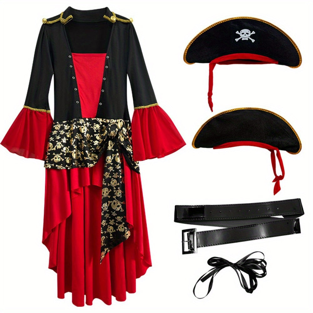 Costume Pirata Donna Rosso – Vestito Halloween con Cintura e Cappello
