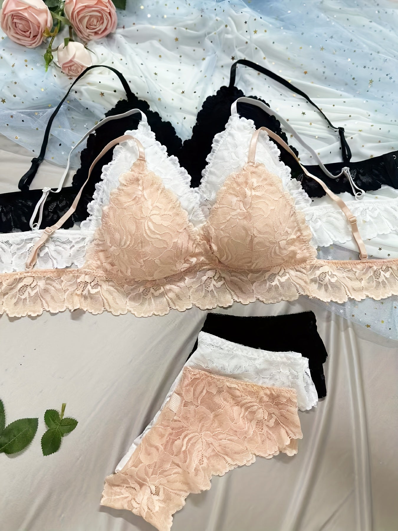 Set 3 Reggiseni in Pizzo con Slip Vita Alta - Lingerie Elegante Rosa Beige Nude