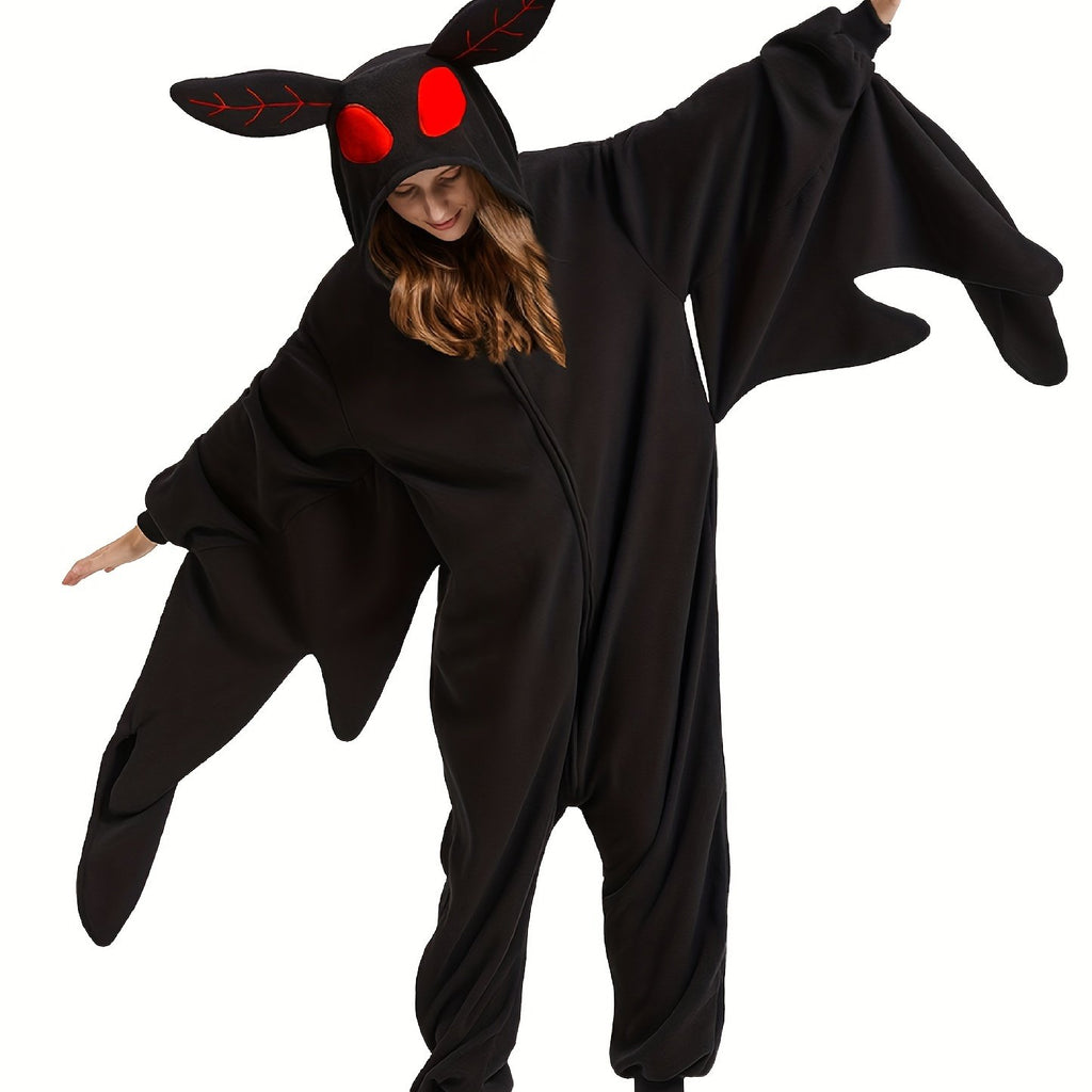 Cartoon Mothman Fuzzy Hooded Jumpsuit, Cute Long Sleeve Zip Up Pajamas - Perfect For Halloween & Christmas Cosplay Costumes, Women's Sleepwear & Loungewear