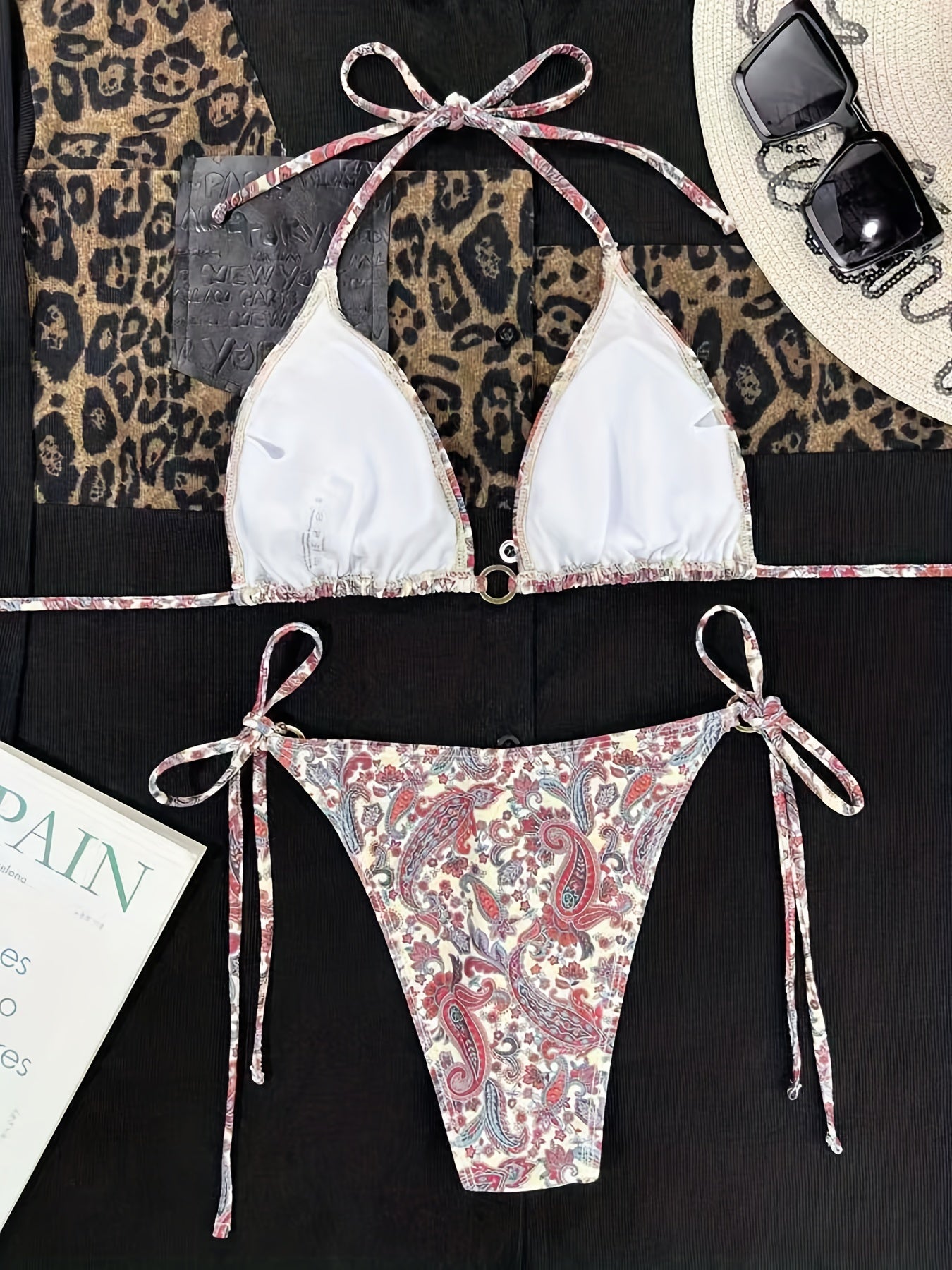 Bikini Donna 2 Pezzi Stampa Paisley Fiori - Triangolo Halter con Anello Regolabile