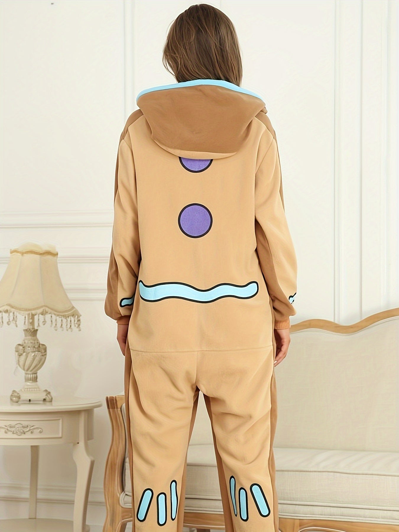 Unisex Long Sleeve Long Pants Warm Polar Fleece Fall/Winter Onesie Costumes One Piece Cosplay Pajama Sleepwear for Adult Gingerbread Men