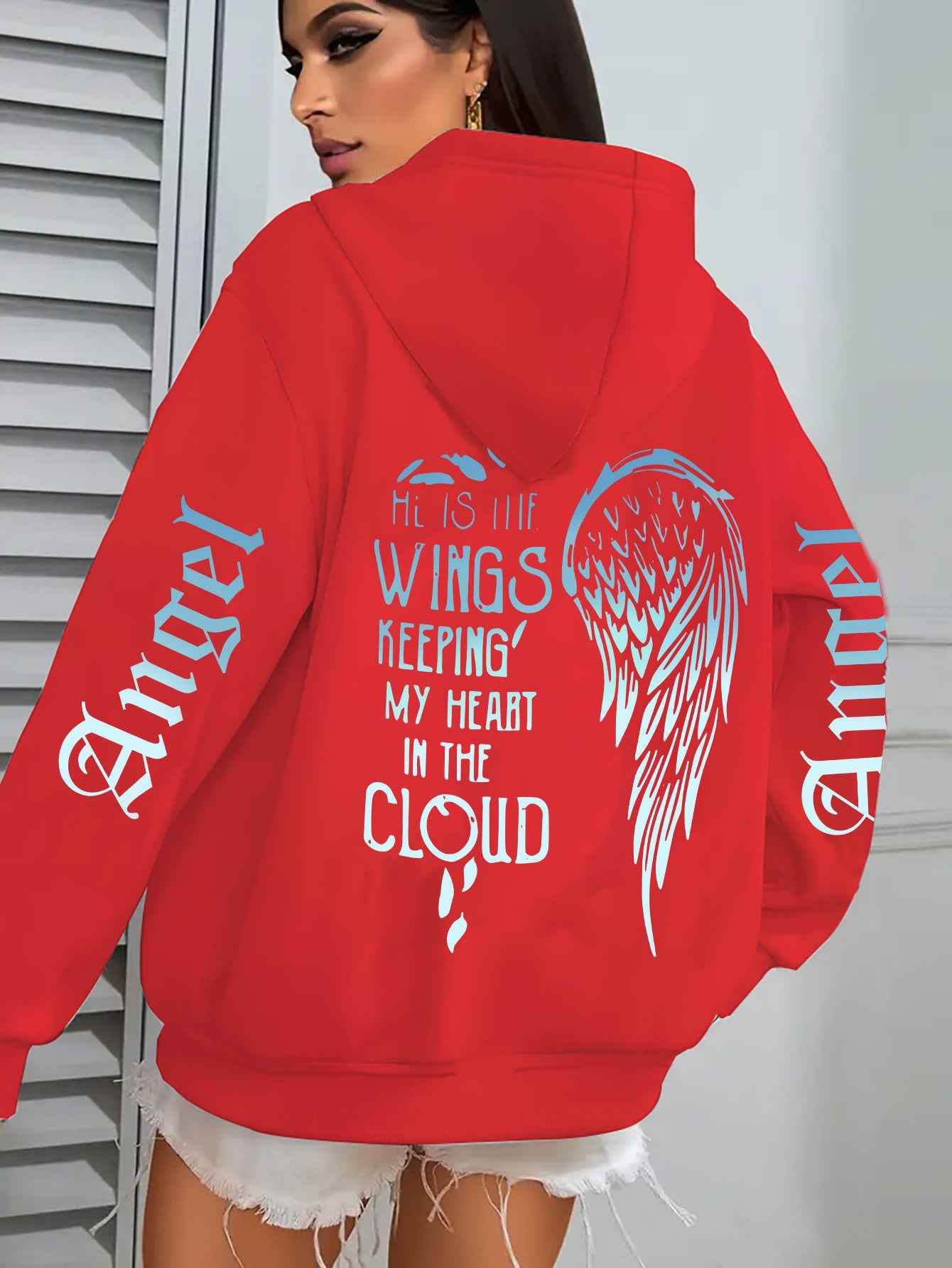 Women's Angel Wing Zipper Hoodie Jacket with Back Print "His Wings Keep Me in the Cloud" - Blue & White Gradient Wings & Lettering, Long Sleeve Front Zip Closure, Machine Washable Winter Coat, Comfortable Casual Outerwear for