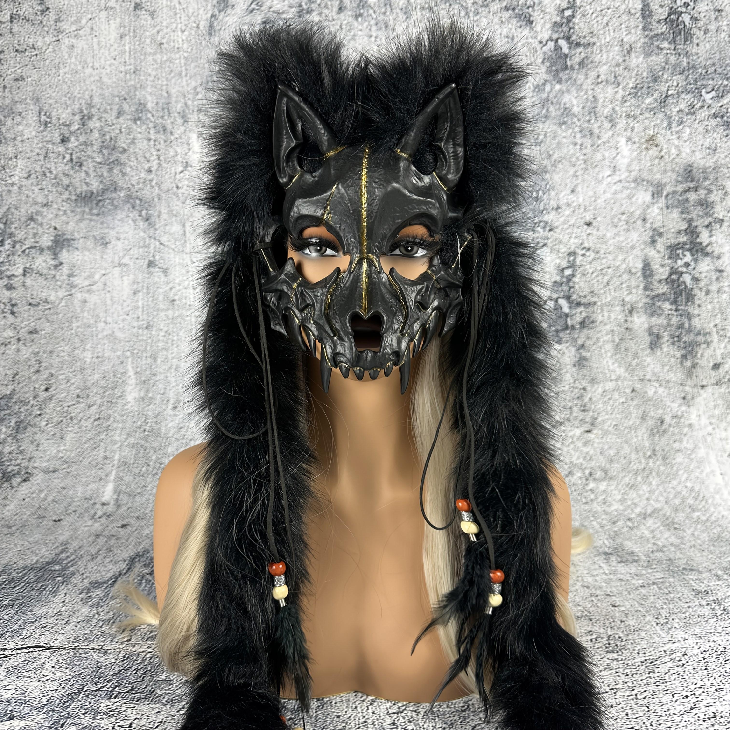 [Viking Warrior Mask] Viking Warrior and Wolf Mask with Faux Fur Headpiece | Carnival, Halloween, Winter Novelty Costume - No Battery