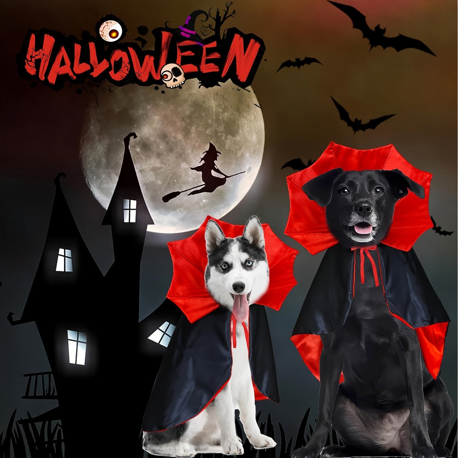 Costume Halloween Cane Vampiro Diavolo - Mantello Rosso Nero per Cani Piccoli Medi Grandi
