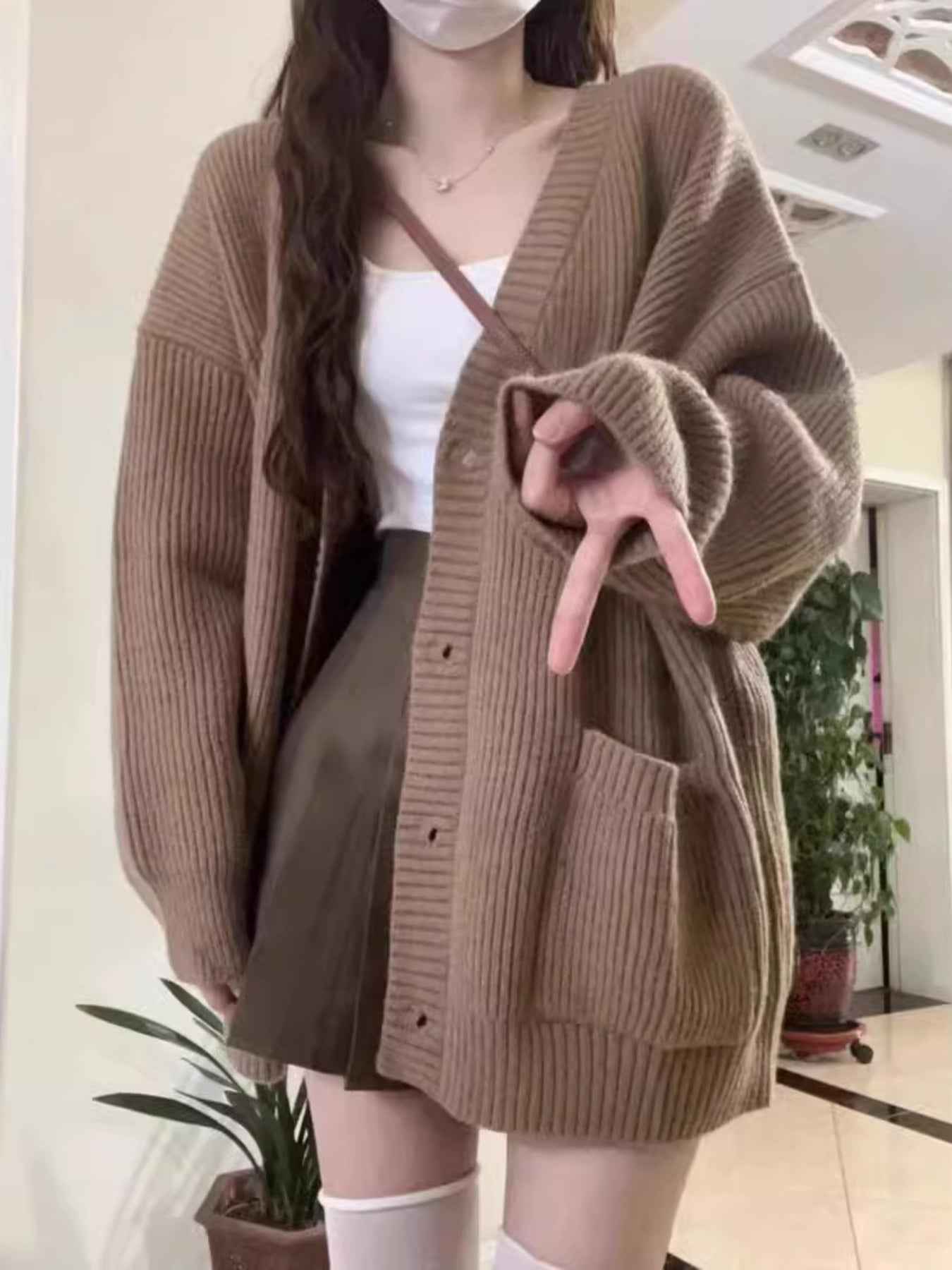 Women'S 2025 New V-Neck Cardigan Sweater Coat - Loose Mid-Length Button-Front Closure, Long Sleeve Winter Warmth, Casual to Semi-Formal Solid Color Sweater Jacket, Versatile Everyday Outerwear for Fall & Winter, Easy-Care Coz