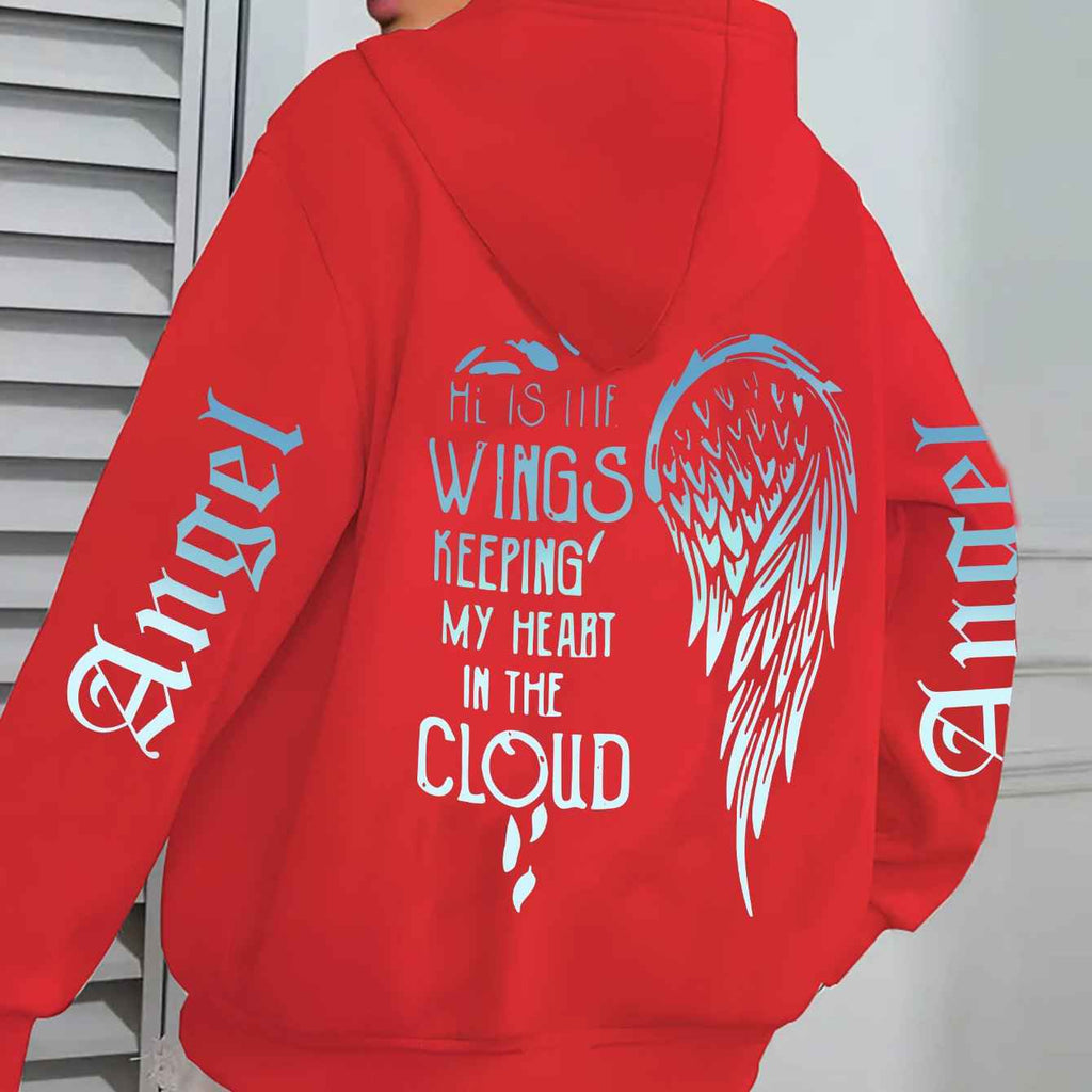 Women's Angel Wing Zipper Hoodie Jacket with Back Print "His Wings Keep Me in the Cloud" - Blue & White Gradient Wings & Lettering, Long Sleeve Front Zip Closure, Machine Washable Winter Coat, Comfortable Casual Outerwear for