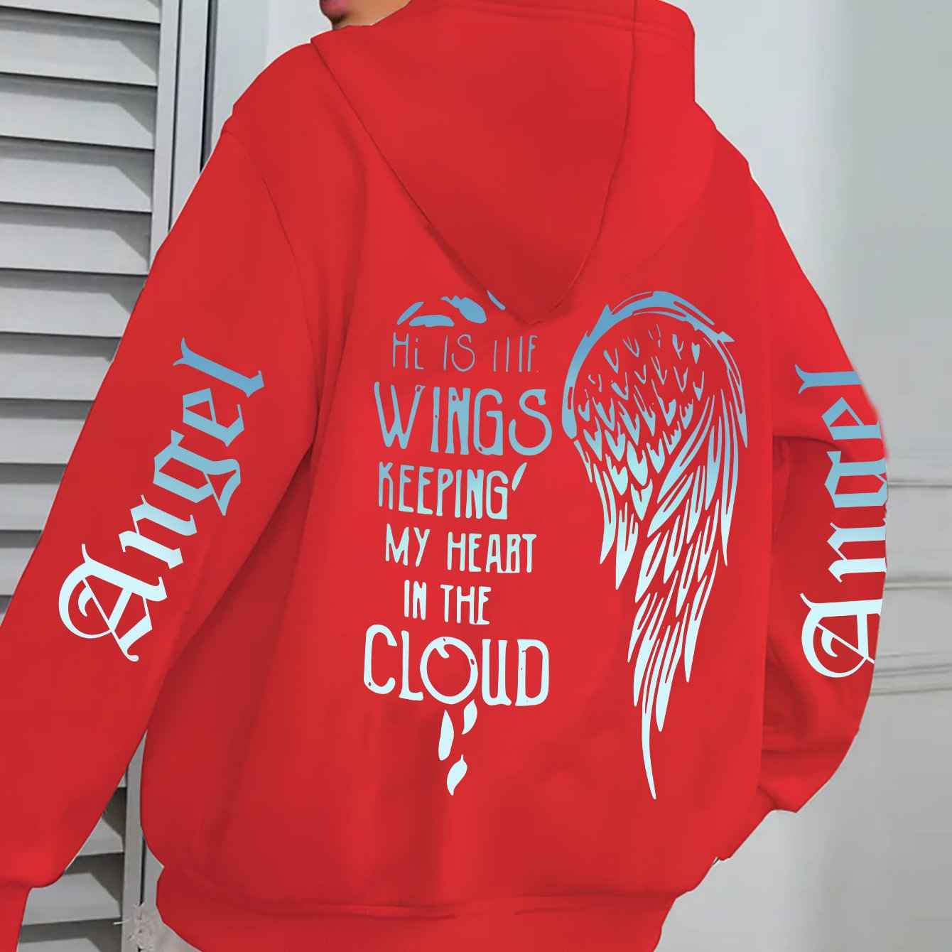 Women's Angel Wing Zipper Hoodie Jacket with Back Print "His Wings Keep Me in the Cloud" - Blue & White Gradient Wings & Lettering, Long Sleeve Front Zip Closure, Machine Washable Winter Coat, Comfortable Casual Outerwear for