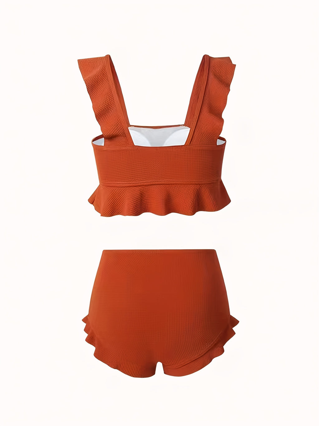 Bikini Donna 2 Pezzi Nero Vita Alta - Bordi Ruffle Elastico Tinta Unita