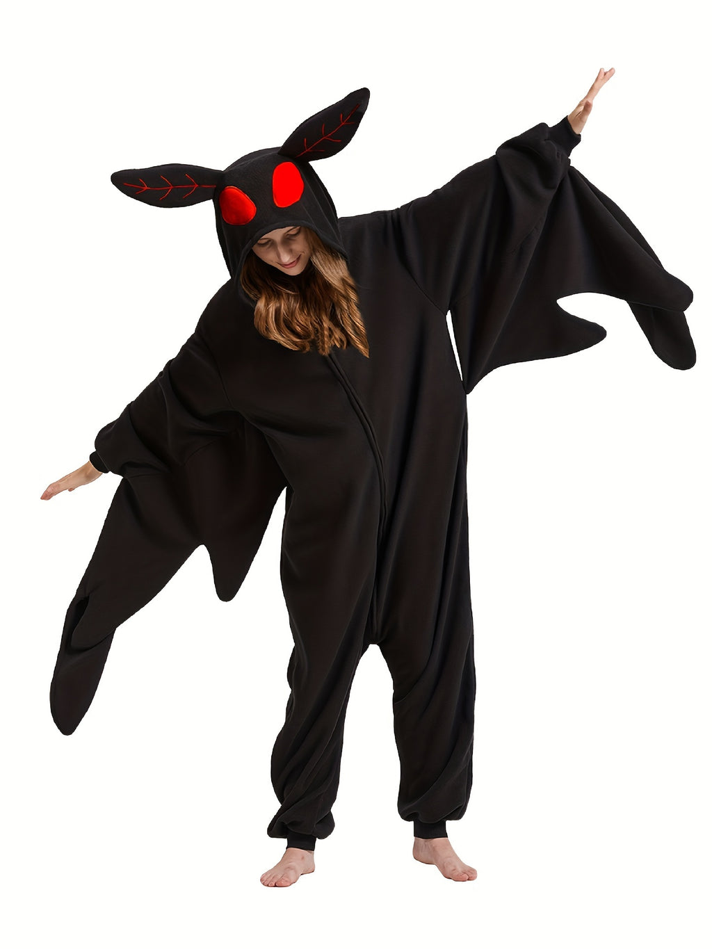 Cartoon Mothman Fuzzy Hooded Jumpsuit, Cute Long Sleeve Zip Up Pajamas - Perfect For Halloween & Christmas Cosplay Costumes, Women's Sleepwear & Loungewear