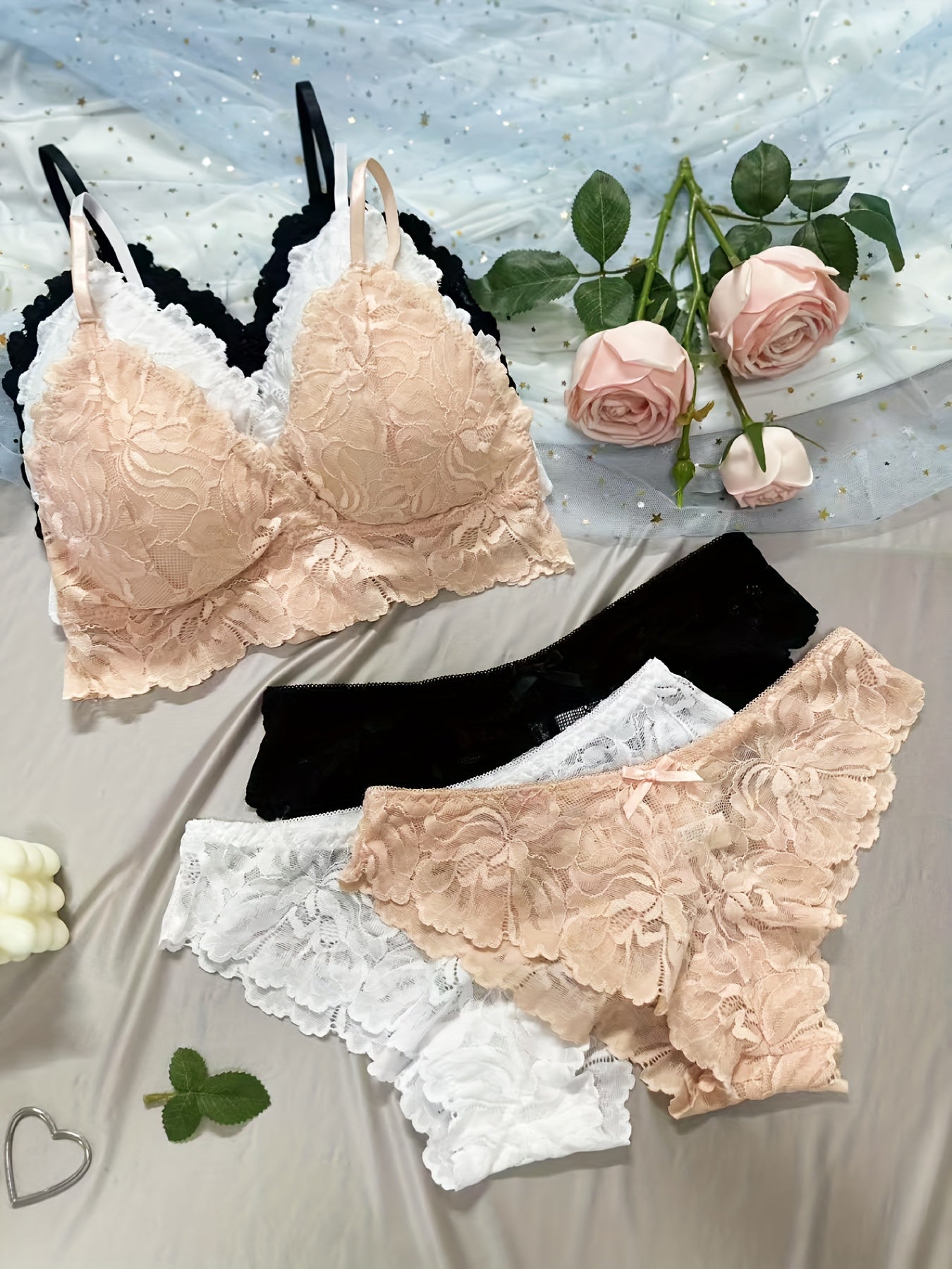 Set 3 Reggiseni in Pizzo con Slip Vita Alta - Lingerie Elegante Rosa Beige Nude