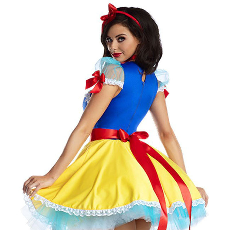 Plus Size Women's Officially Licensed Snow White Costume Dress - Adult Tale Party Outfit with Iconic Blue/Yellow/Pink Bow & Red Ribbon Belt, Lace Trim - Complete Character Costume for Halloween, Cosplay Events, Halloween Cost