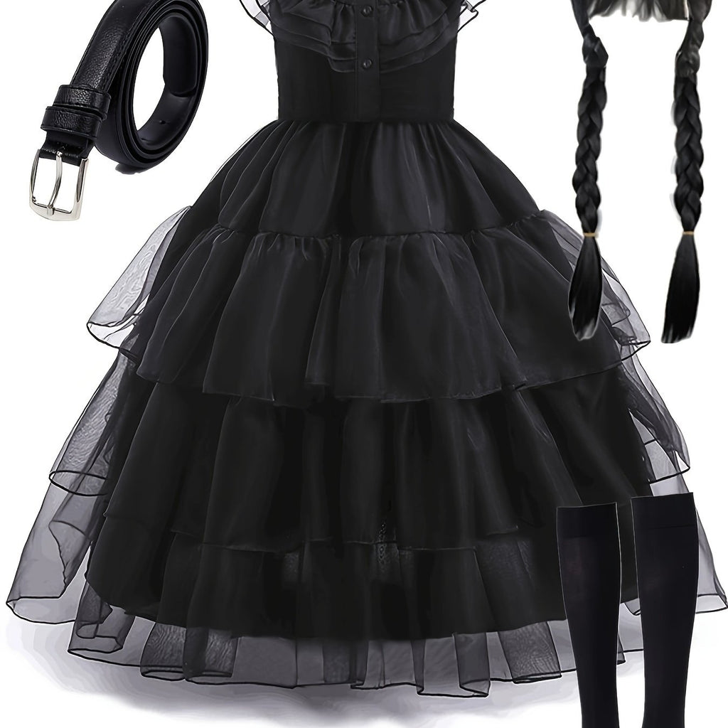 Girls 3 Packs Halloween Vampire Girl Cosplay Costumes Black Princess Tutu Dress + Belt + Wig Kids Clothes