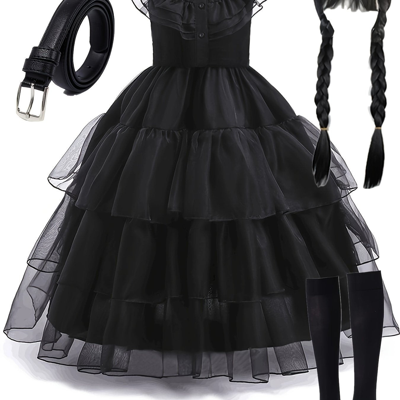 Girls 3 Packs Halloween Vampire Girl Cosplay Costumes Black Princess Tutu Dress + Belt + Wig Kids Clothes