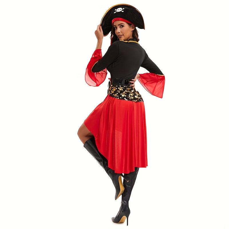 Costume Pirata Donna Rosso – Vestito Halloween con Cintura e Cappello