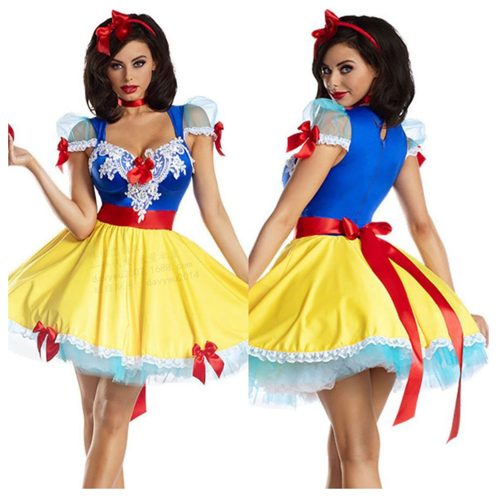 Plus Size Women's Officially Licensed Snow White Costume Dress - Adult Tale Party Outfit with Iconic Blue/Yellow/Pink Bow & Red Ribbon Belt, Lace Trim - Complete Character Costume for Halloween, Cosplay Events, Halloween Cost