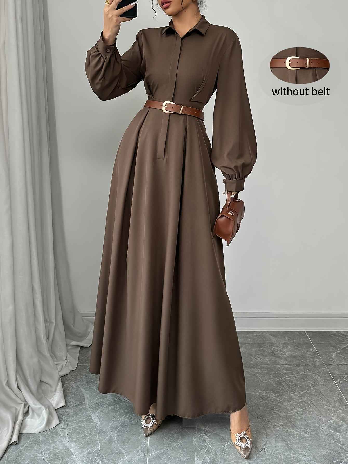 Ladies' Elegant Commuter Solid Color Lantern Sleeve Dress, Autumn Long Women Clothing Without Belt, Office Attire Dress, Daily Wear Dress, Non Belted Dress, Solid Color Dress, Minimalist Aesthetic, Solid Color Style, Tailored
