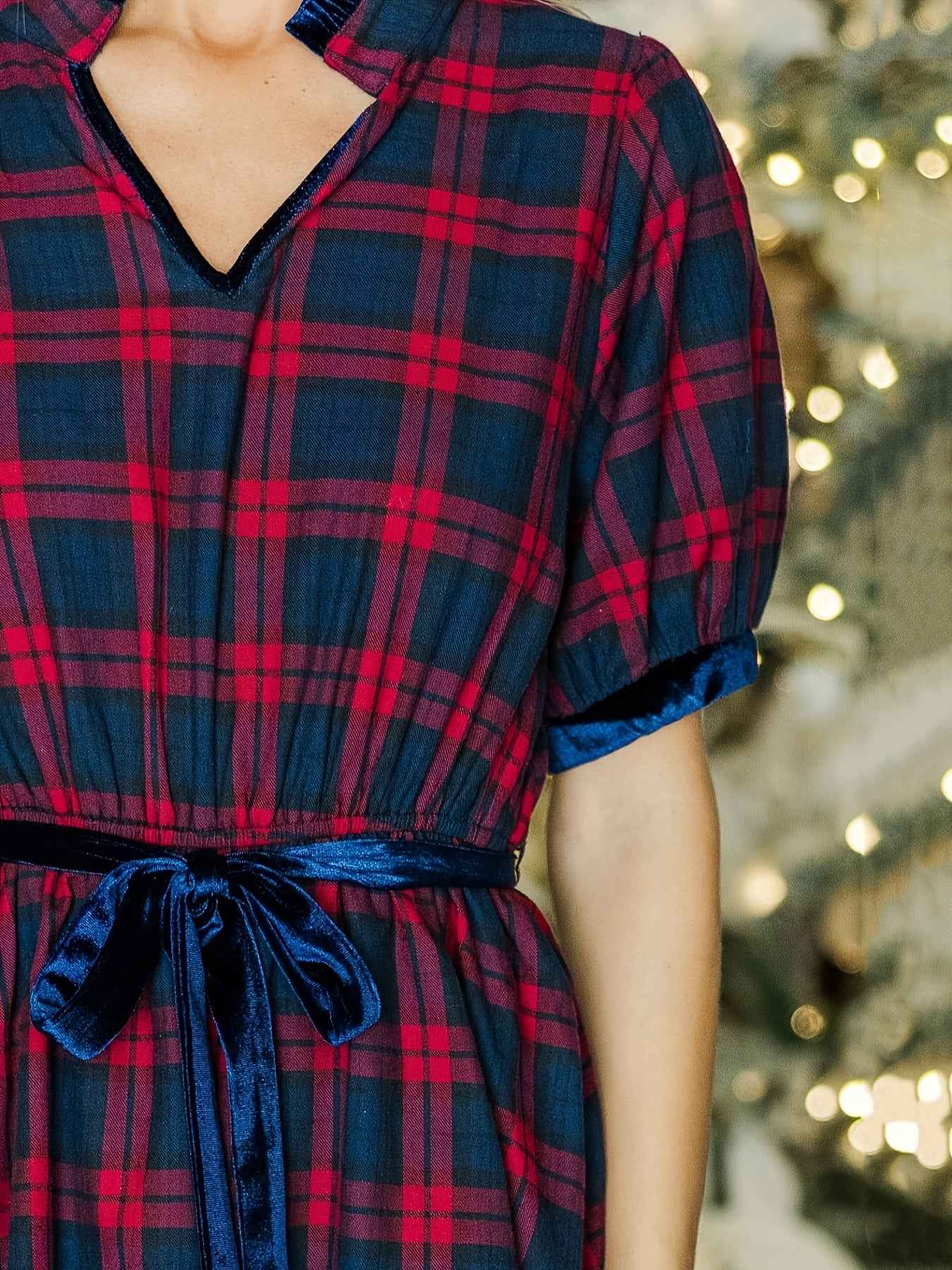 Women Red And Blue Plaid Tiered Midi Dress with Velvet Belt, V-neck, Velvet Fabric Paneling At Neckline And Cuffs, Ruffled Velvet Neckline, Short Puff Sleeves, Tied Waist, Tiered Bodice, Perfect for Christmas Festival And Any