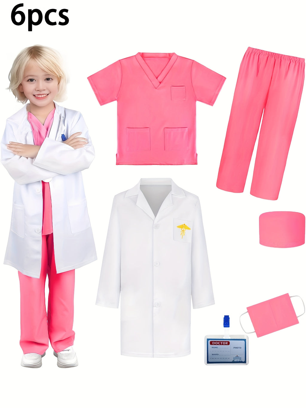 Set Costume Medico Bambini – 6 Pezzi Grembiule, Pantaloni, Cappello, Maschera, Cartellino Nome e Giacca Ricamata