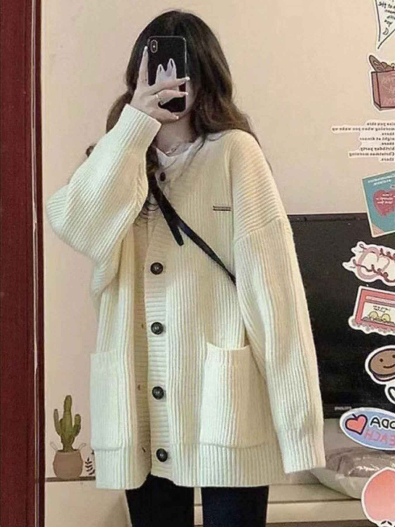Women'S 2025 New V-Neck Cardigan Sweater Coat - Loose Mid-Length Button-Front Closure, Long Sleeve Winter Warmth, Casual to Semi-Formal Solid Color Sweater Jacket, Versatile Everyday Outerwear for Fall & Winter, Easy-Care Coz