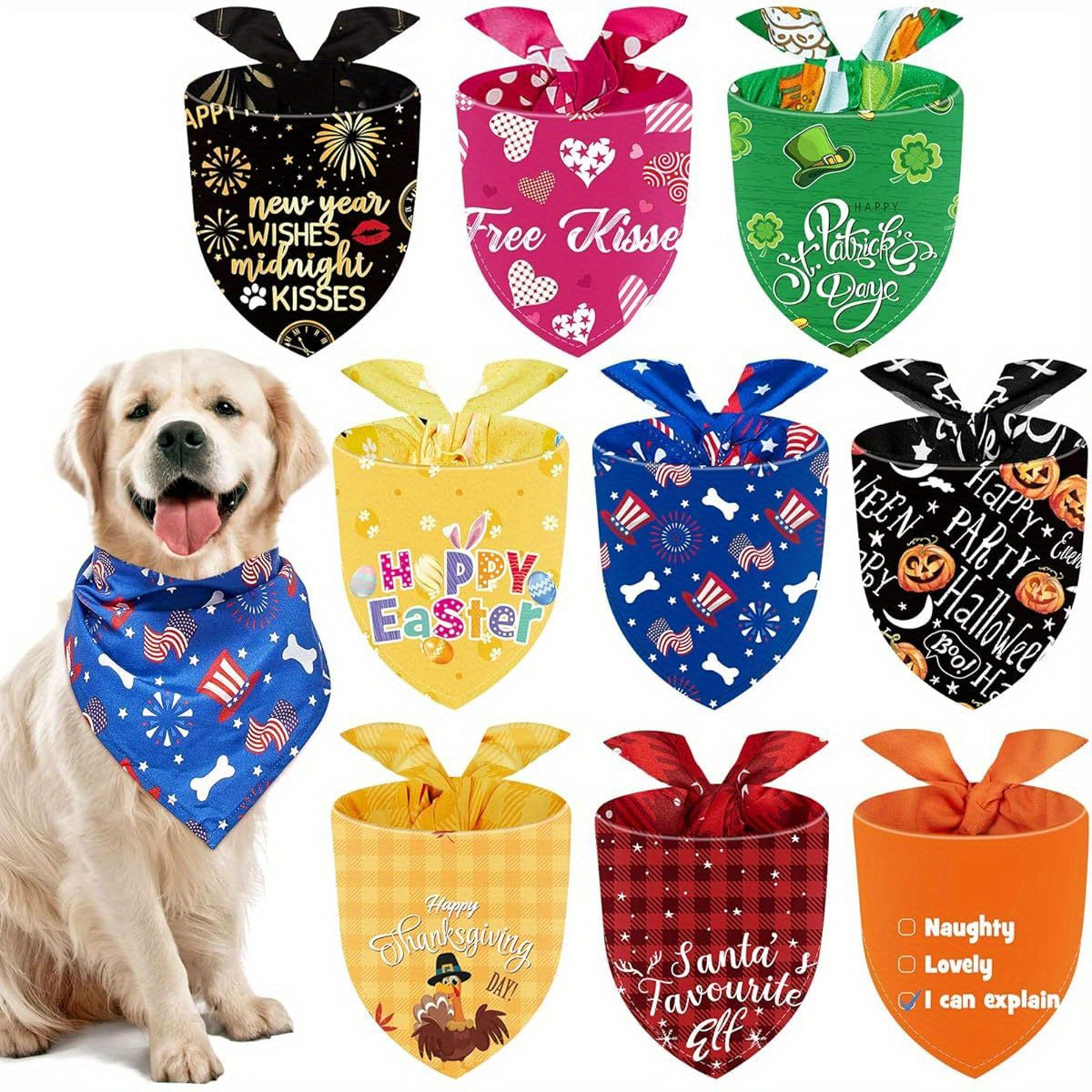 9pcs Adjustable and Washable Patriotic Holiday Bandanas for Large Dogs - Perfect for Birthday Costumes!