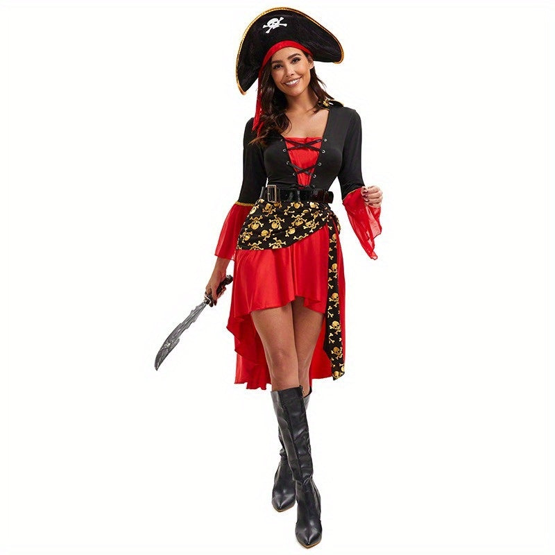 Costume Pirata Donna Rosso – Vestito Halloween con Cintura e Cappello