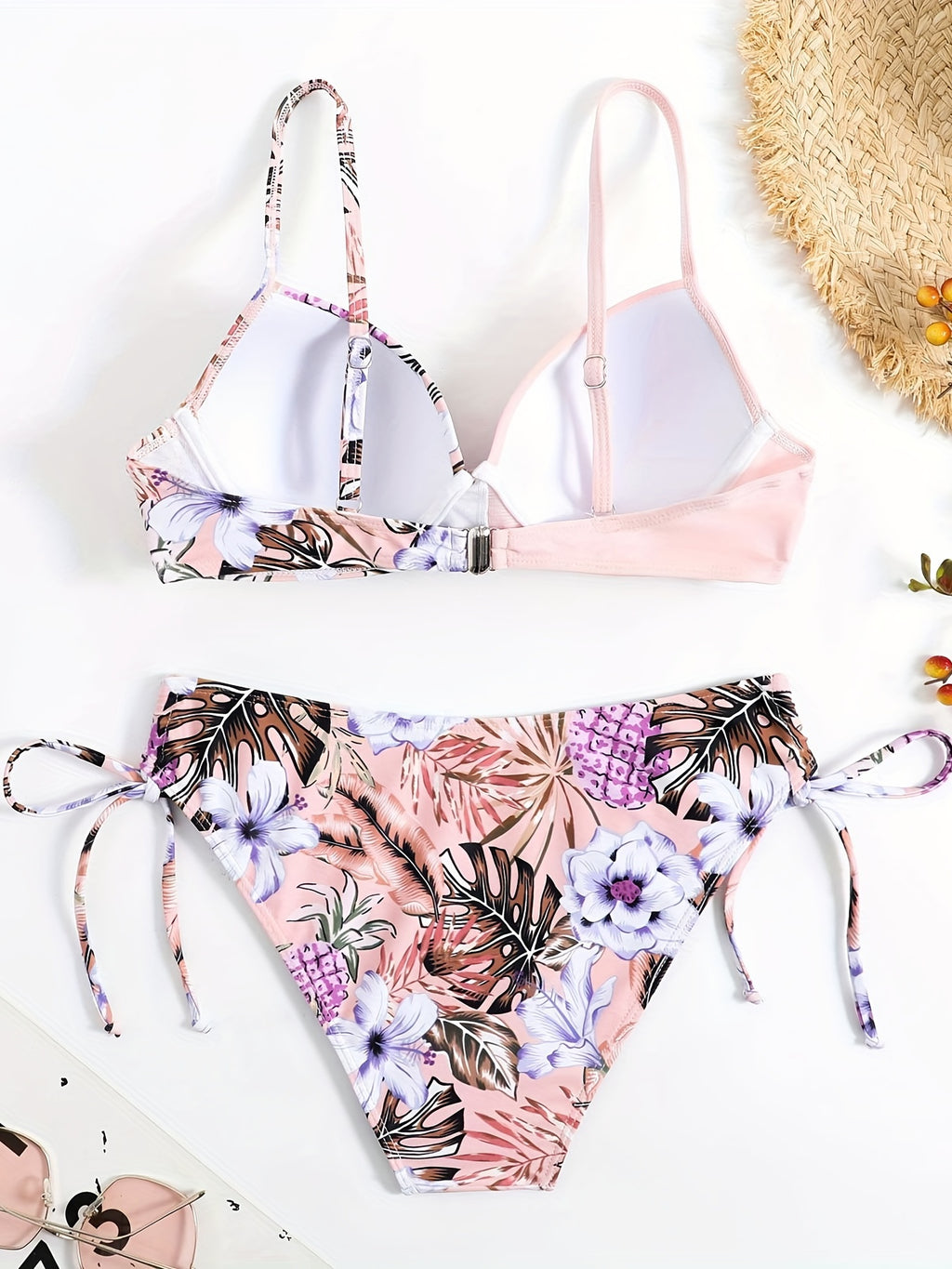 Bikini Donna 2 Pezzi Tropicale High Cut - Collo V Spalline Arricciate Laccetti