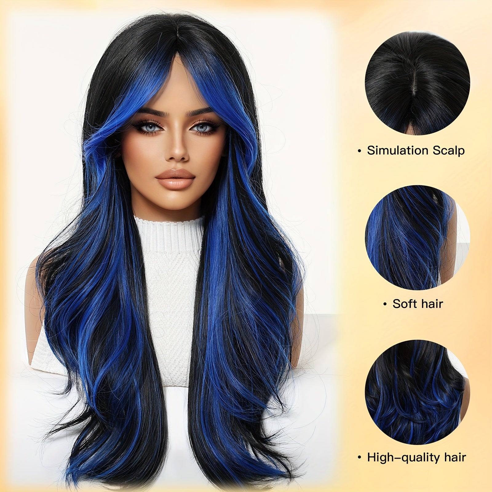 Parrucca Donna Blu Ondulata 66 cm – Effetto Ombre, Riga Centrale