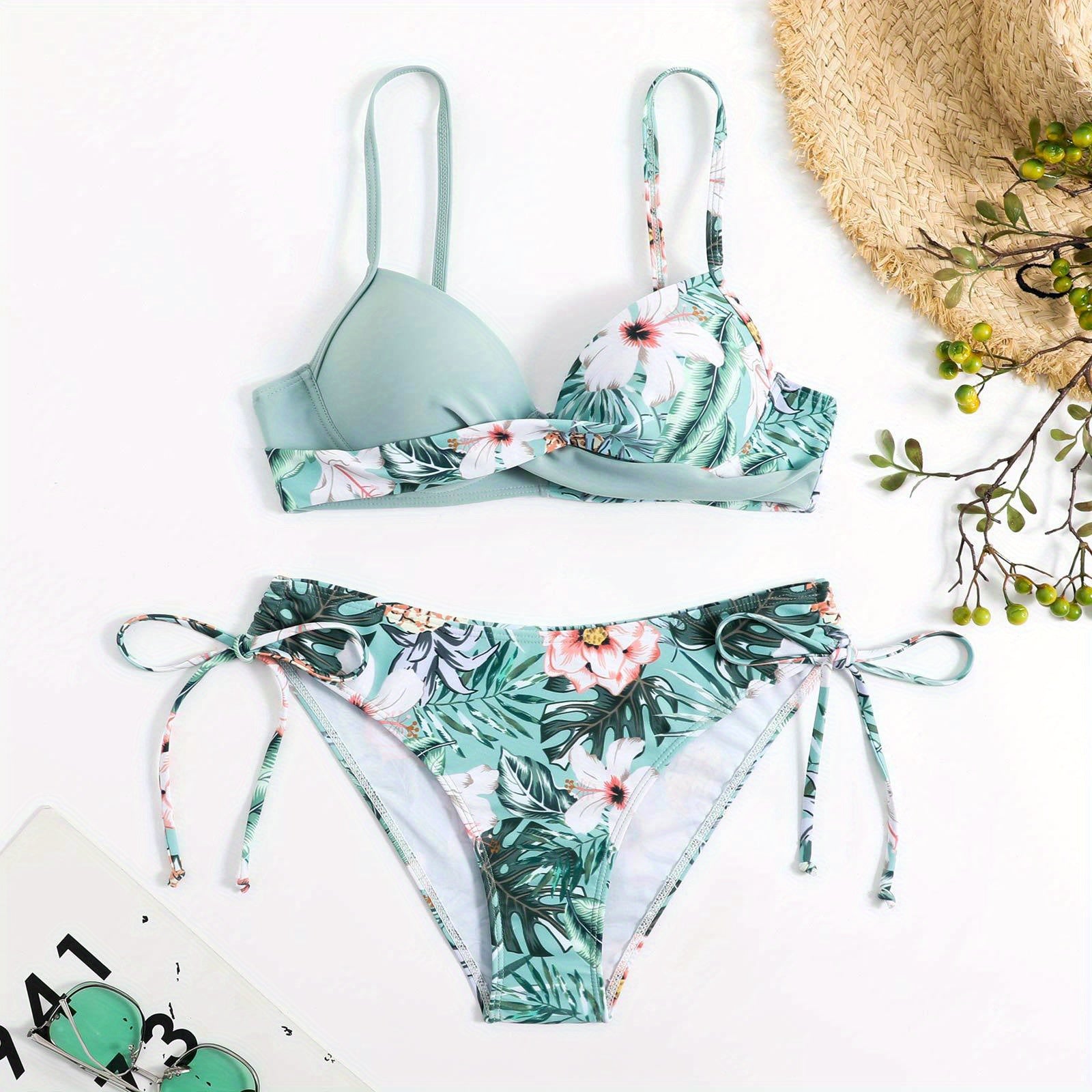 Bikini Donna 2 Pezzi Tropicale High Cut - Collo V Spalline Arricciate Laccetti