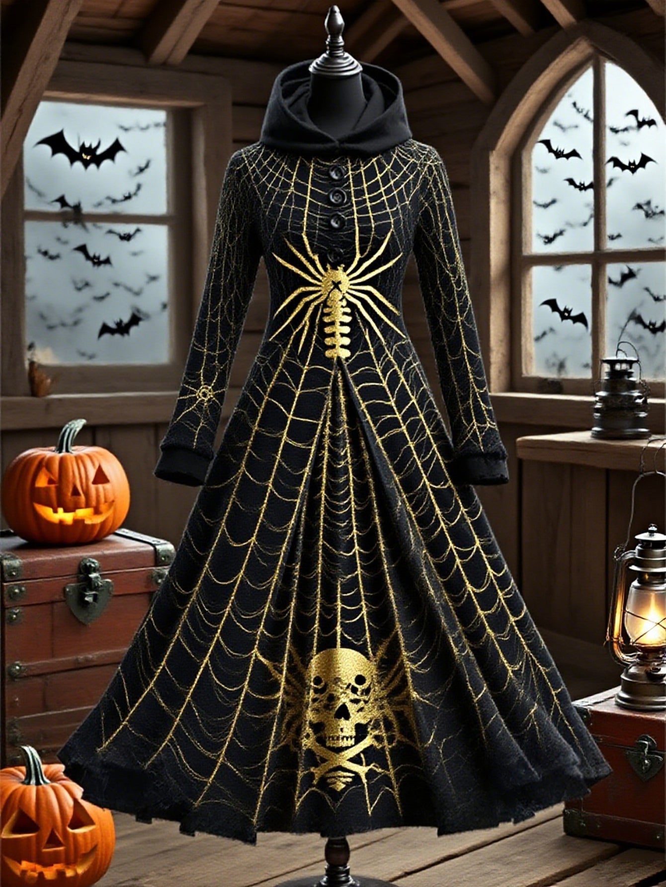 Plus Size - Plus Size - Plus Size, Women'S Gothic Victorian-Inspired Long Hooded Dress with Full-Body Floral Print & Bat Wing Sleeves - Elegant Fitted Winter Dress for Halloween Party, Themed Events, Fall/Winter Season - Intr