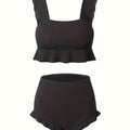 Bikini Donna 2 Pezzi Nero Vita Alta - Bordi Ruffle Elastico Tinta Unita