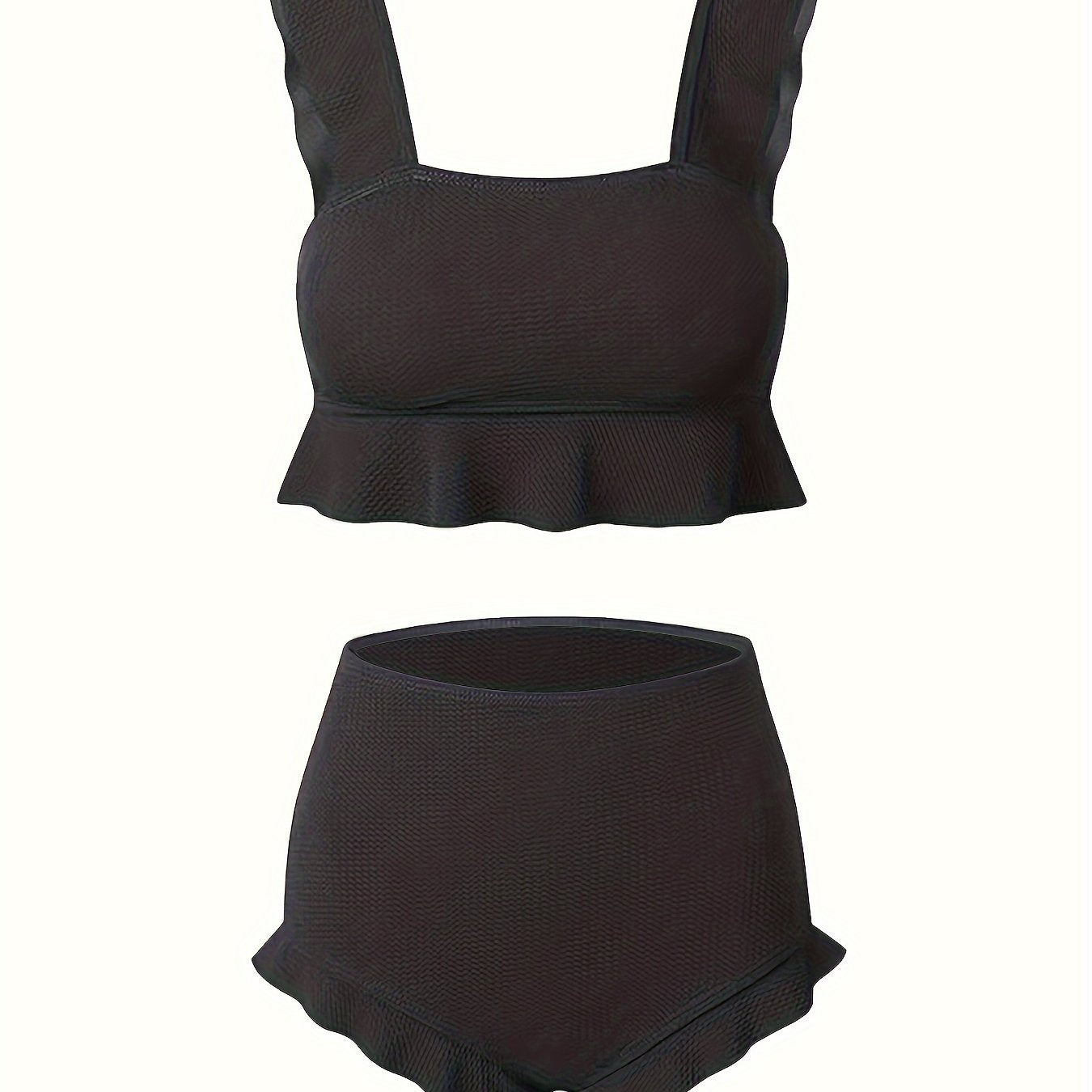 Bikini Donna 2 Pezzi Nero Vita Alta - Bordi Ruffle Elastico Tinta Unita