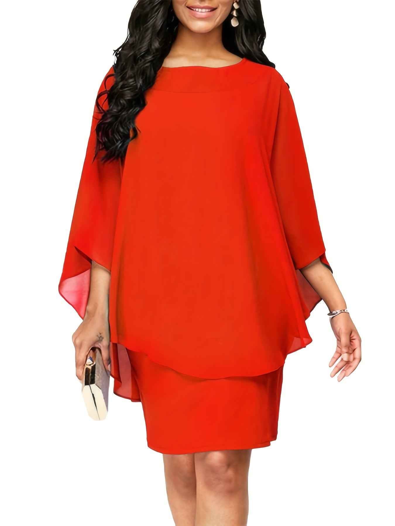 Plus Size, Plus Size Women's Classic Solid Color Cover-Up Faux Two-Piece Blouse Chiffon Dress