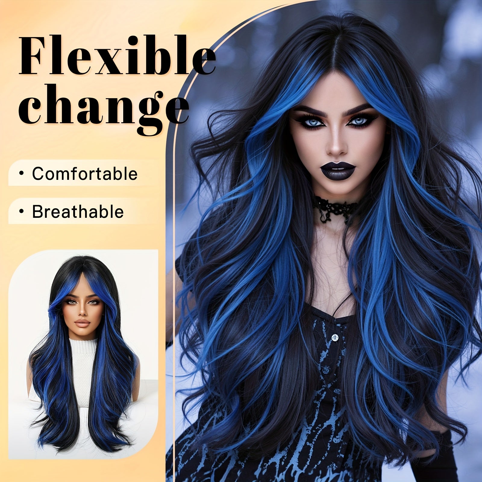 26 Inch Blue Dye Wavy Roll Women'S Wig with Mid-Parting - Vibrant Blue Ombre, Perfect for Halloween, Stage Performances, Role-Playing, Music Festivals, Carnival Costumes, Dance Parties, And More, Halloween Costumes