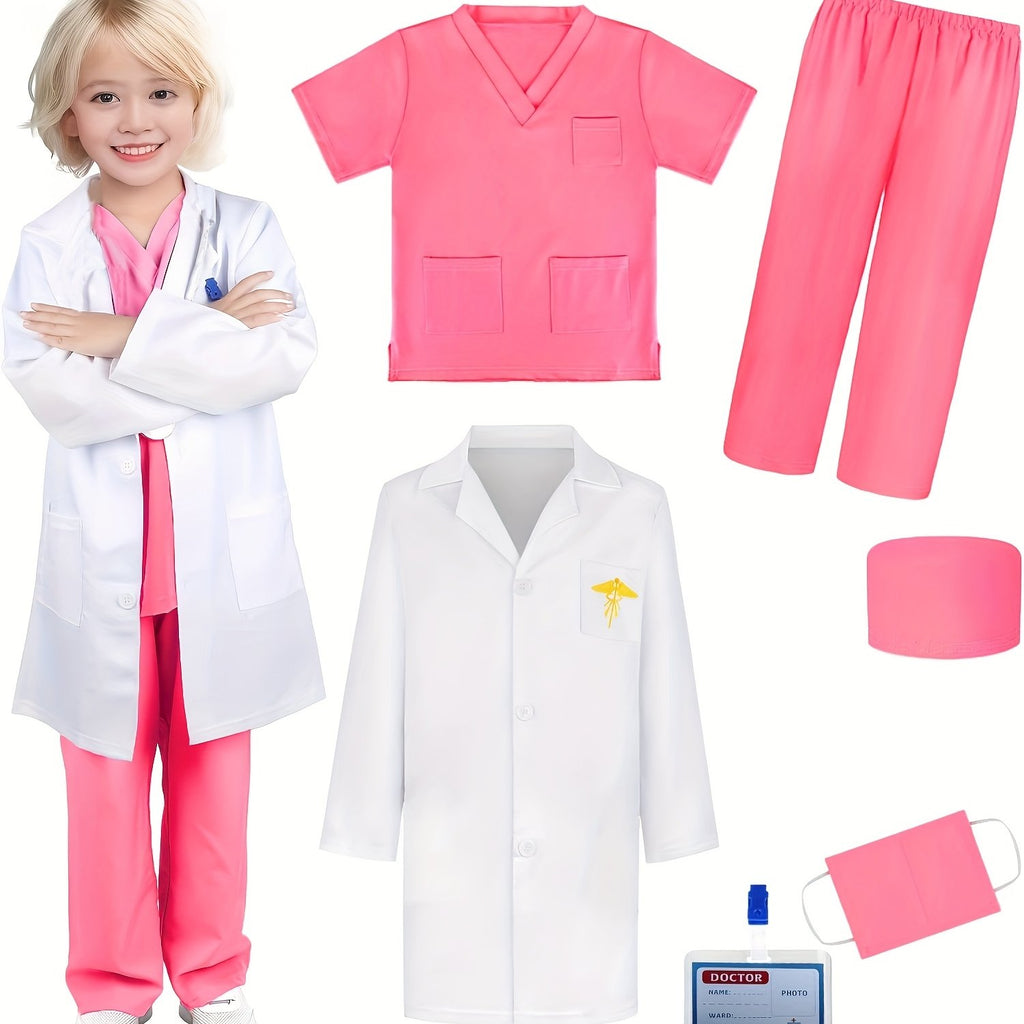 Set Costume Medico Bambini – 6 Pezzi Grembiule, Pantaloni, Cappello, Maschera, Cartellino Nome e Giacca Ricamata