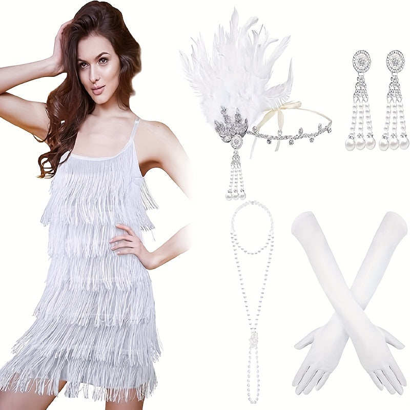 6pcs Women's 1920s Flapper Dress & Accessories Set - Vintage Roaring Twenties Costume with Headband, Necklace, Earrings, Gloves, Feather Boa & Beaded Necklace - X-Large White Fringe Dress with Layered Neckline & Long Sleeves