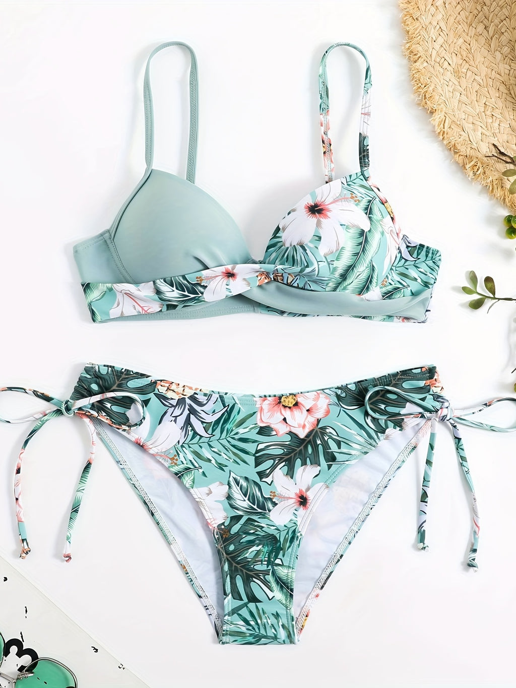 Bikini Donna 2 Pezzi Tropicale High Cut - Collo V Spalline Arricciate Laccetti